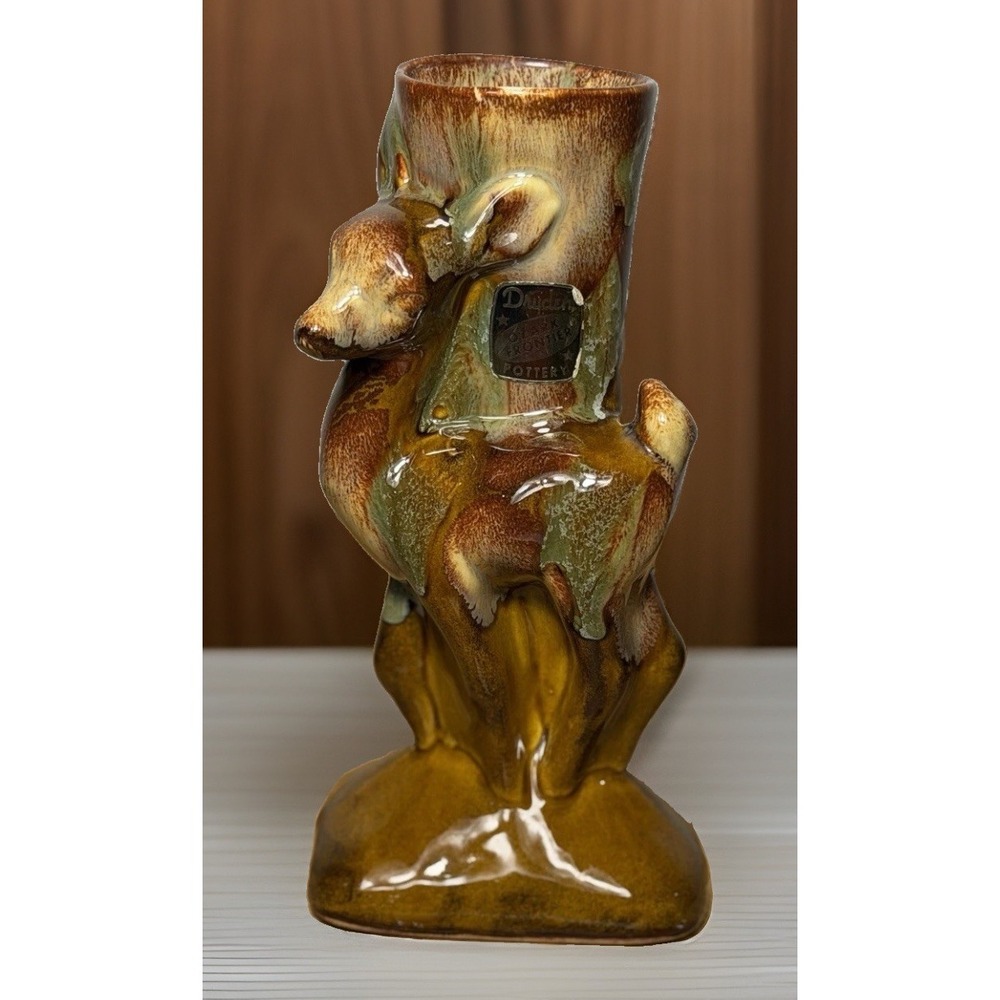 VTG Dryden Pottery Deer Vase Ozark Frontier Brown Drop Glaze  With Foil Label 9"